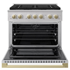 ZLINE Autograph Edition 36 in. 5.2 cu. ft. Marino Dual Fuel Range with 6 Burner DuoPro™ Cooktop and Electric Convection Oven in Stainless Steel and Champagne Bronze Accents - PMDRZ-36-CB - The Home Selection