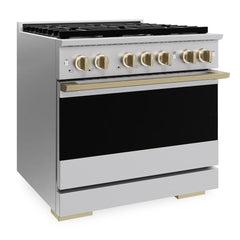ZLINE Autograph Edition 36 in. 5.2 cu. ft. Marino Dual Fuel Range with 6 Burner DuoPro™ Cooktop and Electric Convection Oven in Stainless Steel and Champagne Bronze Accents - PMDRZ-36-CB - The Home Selection