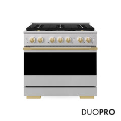 ZLINE Autograph Edition 36 in. 5.2 cu. ft. Marino Dual Fuel Range with 6 Burner DuoPro™ Cooktop and Electric Convection Oven in Stainless Steel and Polished Gold Accents - PMDRZ-36-G - The Home Selection