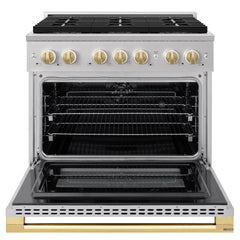 ZLINE Autograph Edition 36 in. 5.2 cu. ft. Marino Dual Fuel Range with 6 Burner DuoPro™ Cooktop and Electric Convection Oven in Stainless Steel and Polished Gold Accents - PMDRZ-36-G - The Home Selection