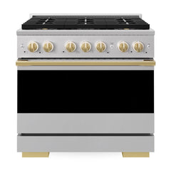 ZLINE Autograph Edition 36 in. 5.2 cu. ft. Marino Dual Fuel Range with 6 Burner DuoPro™ Cooktop and Electric Convection Oven in Stainless Steel and Polished Gold Accents - PMDRZ-36-G - The Home Selection
