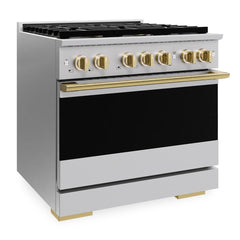 ZLINE Autograph Edition 36 in. 5.2 cu. ft. Marino Dual Fuel Range with 6 Burner DuoPro™ Cooktop and Electric Convection Oven in Stainless Steel and Polished Gold Accents - PMDRZ-36-G - The Home Selection