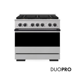 ZLINE Autograph Edition 36 in. 5.2 cu. ft. Marino Dual Fuel Range with 6 Burner DuoPro™ Cooktop and Electric Convection Oven in Stainless Steel and Matte Black Accents - PMDRZ-36-MB - The Home Selection