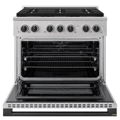 ZLINE Autograph Edition 36 in. 5.2 cu. ft. Marino Dual Fuel Range with 6 Burner DuoPro™ Cooktop and Electric Convection Oven in Stainless Steel and Matte Black Accents - PMDRZ-36-MB - The Home Selection