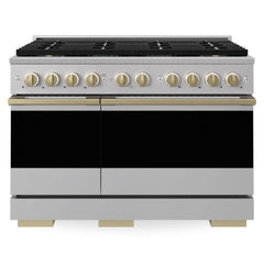 ZLINE Autograph Edition 48 in. 6.7 cu. ft. Marino Dual Fuel Range with 8 Burner DuoPro™ Cooktop and Dual Ovens in Stainless Steel and Champagne Bronze Accents - PMDRZ-48-CB - The Home Selection