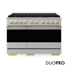 ZLINE Autograph Edition 48 in. 6.7 cu. ft. Marino Dual Fuel Range with 8 Burner DuoPro™ Cooktop and Dual Ovens in Stainless Steel and Polished Gold Accents - PMDRZ-48-G - The Home Selection