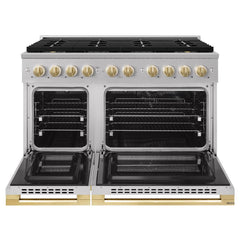 ZLINE Autograph Edition 48 in. 6.7 cu. ft. Marino Dual Fuel Range with 8 Burner DuoPro™ Cooktop and Dual Ovens in Stainless Steel and Polished Gold Accents - PMDRZ-48-G - The Home Selection