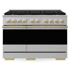 ZLINE Autograph Edition 48 in. 6.7 cu. ft. Marino Dual Fuel Range with 8 Burner DuoPro™ Cooktop and Dual Ovens in Stainless Steel and Polished Gold Accents - PMDRZ-48-G - The Home Selection