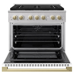 ZLINE Autograph Edition 36 in. 5.2 cu. ft. Marino Dual Fuel Range with 6 Burner DuoPro™ Cooktop and Electric Convection Oven with White Matte Door and Champagne Bronze Accents - PMDRZ-WM-36-CB - The Home Selection