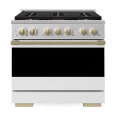ZLINE Autograph Edition 36 in. 5.2 cu. ft. Marino Dual Fuel Range with 6 Burner DuoPro™ Cooktop and Electric Convection Oven with White Matte Door and Champagne Bronze Accents - PMDRZ-WM-36-CB - The Home Selection