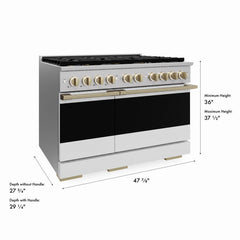ZLINE Autograph Edition 48 in. 6.7 cu. ft. Marino Dual Fuel Range with 8 Burner DuoPro™ Cooktop and Dual Ovens with White Matte Doors and Champagne Bronze Accents - PMDRZ-WM-48-CB - The Home Selection