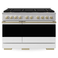 ZLINE Autograph Edition 48 in. 6.7 cu. ft. Marino Dual Fuel Range with 8 Burner DuoPro™ Cooktop and Dual Ovens with White Matte Doors and Champagne Bronze Accents - PMDRZ-WM-48-CB - The Home Selection