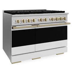 ZLINE Autograph Edition 48 in. 6.7 cu. ft. Marino Dual Fuel Range with 8 Burner DuoPro™ Cooktop and Dual Ovens with White Matte Doors and Champagne Bronze Accents - PMDRZ-WM-48-CB - The Home Selection