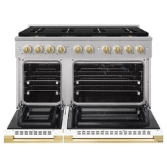 ZLINE Autograph Edition 48 in. 6.7 cu. ft. Marino Dual Fuel Range with 8 Burner DuoPro™ Cooktop and Dual Ovens with White Matte Doors and Polished Gold Accents - PMDRZ-WM-48-G - The Home Selection