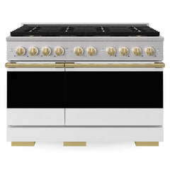 ZLINE Autograph Edition 48 in. 6.7 cu. ft. Marino Dual Fuel Range with 8 Burner DuoPro™ Cooktop and Dual Ovens with White Matte Doors and Polished Gold Accents - PMDRZ-WM-48-G - The Home Selection