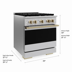 ZLINE Autograph Edition 30 in. 4.2 cu. ft. Marino Gas Range with 4 Burner Cooktop and Convection Gas Oven in Stainless Steel and Champagne Bronze Accents - MGRZ-30-CB - The Home Selection