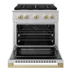 ZLINE Autograph Edition 30 in. 4.2 cu. ft. Marino Gas Range with 4 Burner Cooktop and Convection Gas Oven in Stainless Steel and Champagne Bronze Accents - MGRZ-30-CB - The Home Selection