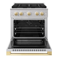 ZLINE Autograph Edition 30 in. 4.2 cu. ft. Marino Gas Range with 4 Burner Cooktop and Convection Gas Oven in Stainless Steel and Polished Gold Accents - MGRZ-30-G - The Home Selection