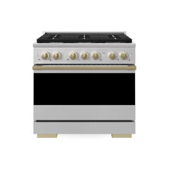 ZLINE Autograph Edition 36 in. 5.2 cu. ft. Marino Gas Range with 6 Burner Cooktop and Convection Gas Oven in Stainless Steel and Champagne Bronze Accents - MGRZ-36-CB - The Home Selection