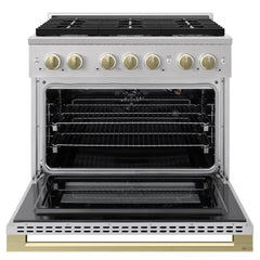 ZLINE Autograph Edition 36 in. 5.2 cu. ft. Marino Gas Range with 6 Burner Cooktop and Convection Gas Oven in Stainless Steel and Champagne Bronze Accents - MGRZ-36-CB - The Home Selection