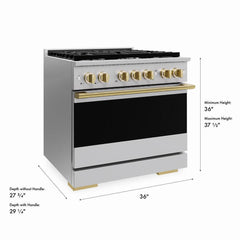 ZLINE Autograph Edition 36 in. 5.2 cu. ft. Marino Gas Range with 6 Burner Cooktop and Convection Gas Oven in Stainless Steel and Polished Gold Accents - MGRZ-36-G - The Home Selection