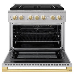 ZLINE Autograph Edition 36 in. 5.2 cu. ft. Marino Gas Range with 6 Burner Cooktop and Convection Gas Oven in Stainless Steel and Polished Gold Accents - MGRZ-36-G - The Home Selection
