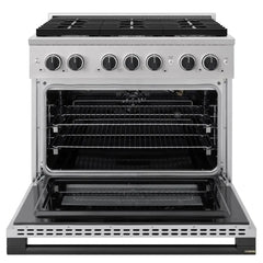 ZLINE Autograph Edition 36 in. 5.2 cu. ft. Marino Gas Range with 6 Burner Cooktop and Convection Gas Oven in Stainless Steel and Matte Black Accents - MGRZ-36-MB - The Home Selection