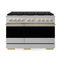 ZLINE Autograph Edition 48 in. 6.7 cu. ft. Marino Double Oven Gas Range with 8 Burner Cooktop in Stainless Steel and Polished Gold Accents - MGRZ-48-G - The Home Selection