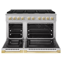 ZLINE Autograph Edition 48 in. 6.7 cu. ft. Marino Double Oven Gas Range with 8 Burner Cooktop in Stainless Steel and Polished Gold Accents - MGRZ-48-G - The Home Selection