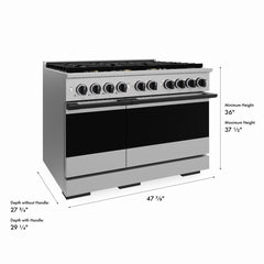 ZLINE Autograph Edition 48 in. 6.7 cu. ft. Marino Double Oven Gas Range with 8 Burner Cooktop in Stainless Steel and Matte Black Accents - MGRZ-48-MB - The Home Selection