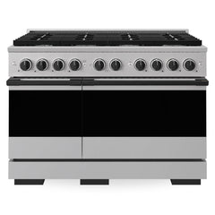 ZLINE Autograph Edition 48 in. 6.7 cu. ft. Marino Double Oven Gas Range with 8 Burner Cooktop in Stainless Steel and Matte Black Accents - MGRZ-48-MB - The Home Selection