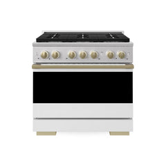 ZLINE Autograph Edition 36 in. 5.2 cu. ft. Marino Gas Range with 6 Burner Cooktop and Convection Gas Oven in Stainless Steel with White Matte Door and Champagne Bronze Accents - MGRZ-WM-36-CB - The Home Selection