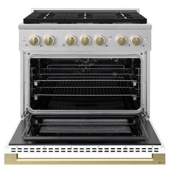 ZLINE Autograph Edition 36 in. 5.2 cu. ft. Marino Gas Range with 6 Burner Cooktop and Convection Gas Oven in Stainless Steel with White Matte Door and Champagne Bronze Accents - MGRZ-WM-36-CB - The Home Selection