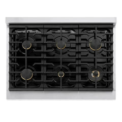 ZLINE Autograph Edition 36 in. 5.2 cu. ft. Marino Gas Range with 6 Burner Cooktop and Convection Gas Oven in Stainless Steel with White Matte Door and Champagne Bronze Accents - MGRZ-WM-36-CB - The Home Selection