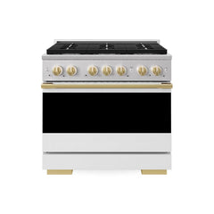 ZLINE Autograph Edition 36 in. 5.2 cu. ft. Marino Gas Range with 6 Burner Cooktop and Convection Gas Oven in Stainless Steel with White Matte Door and Polished Gold Accents - MGRZ-WM-36-G - The Home Selection