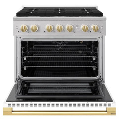 ZLINE Autograph Edition 36 in. 5.2 cu. ft. Marino Gas Range with 6 Burner Cooktop and Convection Gas Oven in Stainless Steel with White Matte Door and Polished Gold Accents - MGRZ-WM-36-G - The Home Selection