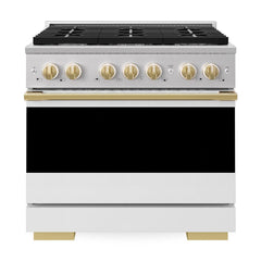 ZLINE Autograph Edition 36 in. 5.2 cu. ft. Marino Gas Range with 6 Burner Cooktop and Convection Gas Oven in Stainless Steel with White Matte Door and Polished Gold Accents - MGRZ-WM-36-G - The Home Selection