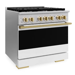 ZLINE Autograph Edition 36 in. 5.2 cu. ft. Marino Gas Range with 6 Burner Cooktop and Convection Gas Oven in Stainless Steel with White Matte Door and Polished Gold Accents - MGRZ-WM-36-G - The Home Selection