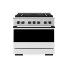 ZLINE Autograph Edition 36 in. 5.2 cu. ft. Marino Gas Range with 6 Burner Cooktop and Convection Gas Oven in Stainless Steel with White Matte Door and Matte Black Accents - MGRZ-WM-36-MB - The Home Selection