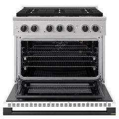 ZLINE Autograph Edition 36 in. 5.2 cu. ft. Marino Gas Range with 6 Burner Cooktop and Convection Gas Oven in Stainless Steel with White Matte Door and Matte Black Accents - MGRZ-WM-36-MB - The Home Selection