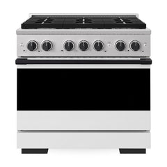 ZLINE Autograph Edition 36 in. 5.2 cu. ft. Marino Gas Range with 6 Burner Cooktop and Convection Gas Oven in Stainless Steel with White Matte Door and Matte Black Accents - MGRZ-WM-36-MB - The Home Selection