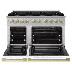 ZLINE Autograph Edition 48 in. 6.7 cu. ft. Marino Double Oven Gas Range with 8 Burner Cooktop in Stainless Steel with White Matte Doors and Champagne Bronze Accents - MGRZ-WM-48-CB - The Home Selection