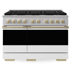 ZLINE Autograph Edition 48 in. 6.7 cu. ft. Marino Double Oven Gas Range with 8 Burner Cooktop in Stainless Steel with White Matte Doors and Champagne Bronze Accents - MGRZ-WM-48-CB - The Home Selection