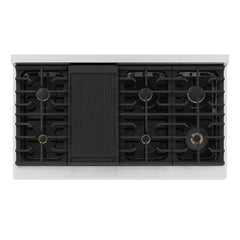 ZLINE Autograph Edition 48 in. 6.7 cu. ft. Marino Double Oven Gas Range with 8 Burner Cooktop in Stainless Steel with White Matte Doors and Champagne Bronze Accents - MGRZ-WM-48-CB - The Home Selection