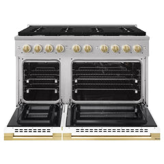 ZLINE Autograph Edition 48 in. 6.7 cu. ft. Marino Double Oven Gas Range with 8 Burner Cooktop in Stainless Steel with White Matte Doors and Polished Gold Accents - MGRZ-WM-48-G - The Home Selection
