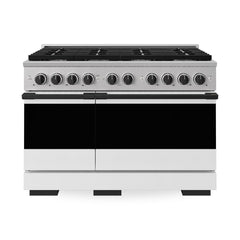 ZLINE Autograph Edition 48 in. 6.7 cu. ft. Marino Double Oven Gas Range with 8 Burner Cooktop in Stainless Steel with White Matte Doors and Matte Black Accents - MGRZ-WM-48-MB - The Home Selection