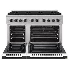 ZLINE Autograph Edition 48 in. 6.7 cu. ft. Marino Double Oven Gas Range with 8 Burner Cooktop in Stainless Steel with White Matte Doors and Matte Black Accents - MGRZ-WM-48-MB - The Home Selection