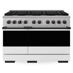 ZLINE Autograph Edition 48 in. 6.7 cu. ft. Marino Double Oven Gas Range with 8 Burner Cooktop in Stainless Steel with White Matte Doors and Matte Black Accents - MGRZ-WM-48-MB - The Home Selection