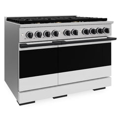 ZLINE Autograph Edition 48 in. 6.7 cu. ft. Marino Double Oven Gas Range with 8 Burner Cooktop in Stainless Steel with White Matte Doors and Matte Black Accents - MGRZ-WM-48-MB - The Home Selection