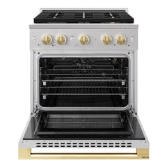 ZLINE Autograph Edition 30 in. 4.2 cu. ft. Marino Gas Range with 4 Burner DuoPro™ Cooktop and Convection Gas Oven in Stainless Steel with Polished Gold Accents - PMGRZ-30-G - The Home Selection